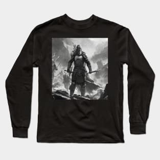 A Black and Gray apocalyptic Viking Battle in Valhalla with a Viking Warrior with a spear and a sword. Long Sleeve T-Shirt